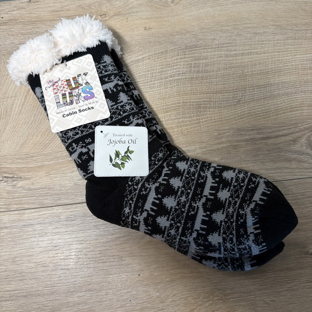 MUK LUKS Womens Cabin Socks Size S/M 6-8 Black Fair Isle Jojoba Infused NWT